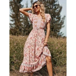 J+j Pink Floral Print Butterfly Sleeve Dress
