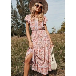 J+j Pink Floral Print Butterfly Sleeve Dress
