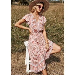J+j Pink Floral Print Butterfly Sleeve Dress