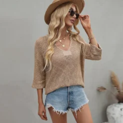 J+j Tops Beige Drop Shoulder 3/4 Length Sweater