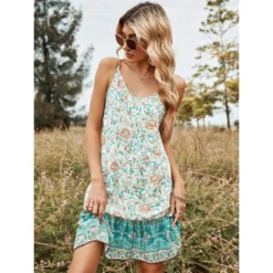 J+j Green Ruffle Hem Boho Dress