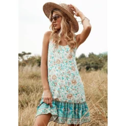 J+j Green Ruffle Hem Boho Dress