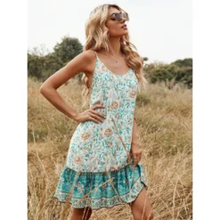 J+j Green Ruffle Hem Boho Dress