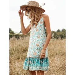 J+j Green Ruffle Hem Boho Dress