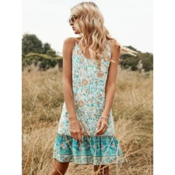 J+j Green Ruffle Hem Boho Dress