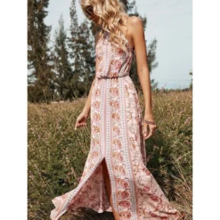 J+j Dresses Pink Floral Halter Neck Backless Dress