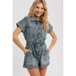 J+j Vintage Blue Denim Button Romper