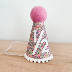 Cutest Little Party Party Hats # 1/2 Mosaic Glitter + White Pom Trim/hot Pink + White Felt Party Hat
