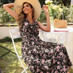 J+j Black Floral Tie Back Dress Dresses