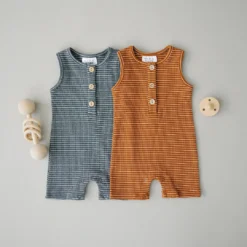 Mebie Baby Rust + White Stripe Ribbed Short Romper