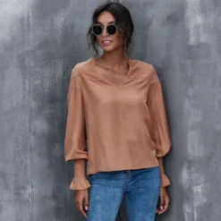 J+j Caramel Lace Textured Cuffed Blouse Tops