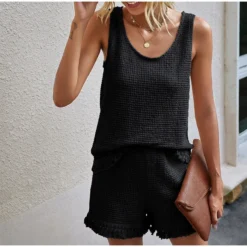 J+j Black Tassel Tank + Shorts Set Sets