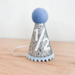 Cutest Little Party Party Time # 1/2 Silver Glitter + Baby Blue Pom Trim + White Felt Party Hat