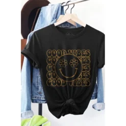 J+j Good Vibes Smiley Black Oversized Tee Graphic Tees