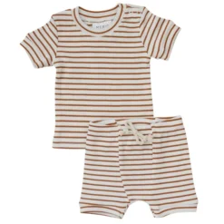 Mebie Baby Two-Piece Sets Honey + White Stripe Organic Cotton Ribbed Shorts Set