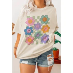 J+j Retro Flower Smiley Checkered Cream Oversized Tee Graphic Tees