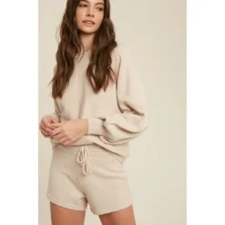 J+j Cream Sweater Lounge Shirt + Shorts Set