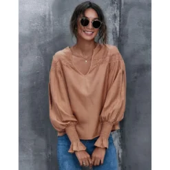 J+j Caramel Lace Textured Cuffed Blouse Tops