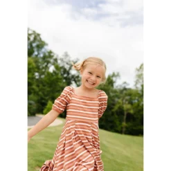 Lia + Lou Rust Striped Ribbed Puff Sleeve Dress