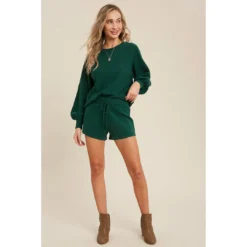 J+j Hunter Green Sweater Lounge Shirt + Shorts Set Sets