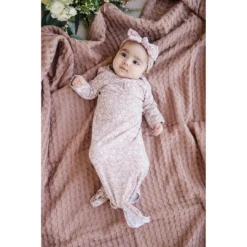 Mebie Baby Dusty Rose Vines Organic Cotton Knotted Gown Preemie + Newborn