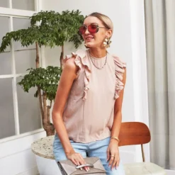 J+j Cream Sleeveless Ruffle Tie Back Blouse