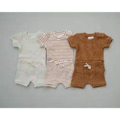 Mebie Baby Two-Piece Sets Honey + White Stripe Organic Cotton Ribbed Shorts Set