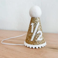 Cutest Little Party Party Time # 1/2 Gold Glitter + White Pom Trim + White Glitter Party Hat