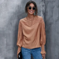 J+j Caramel Lace Textured Cuffed Blouse Tops