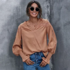 J+j Caramel Lace Textured Cuffed Blouse Tops