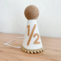 Cutest Little Party # 1/2 White Glitter + Toast Pom Trim/white Lining + Toast Felt Party Hat