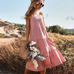 J+j Dresses Pink Tie Texture Shoulder Dress