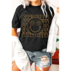 J+j Good Vibes Smiley Black Oversized Tee Graphic Tees