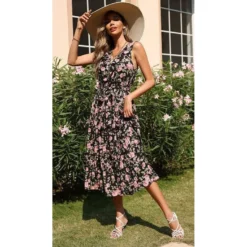 J+j Black Floral Tie Back Dress Dresses