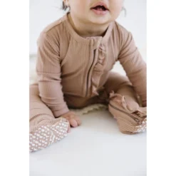 Joss + J Sleepers Tan Ribbed Bamboo Ruffle Zip Sleeper