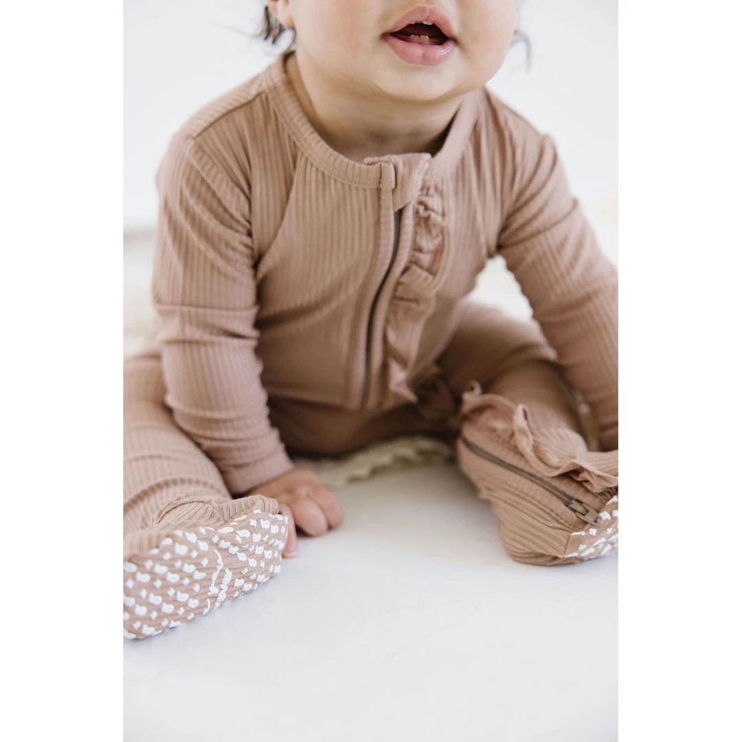Joss + J Sleepers Tan Ribbed Bamboo Ruffle Zip Sleeper 3 Joss + J Sleepers Tan Ribbed Bamboo Ruffle Zip Sleeper