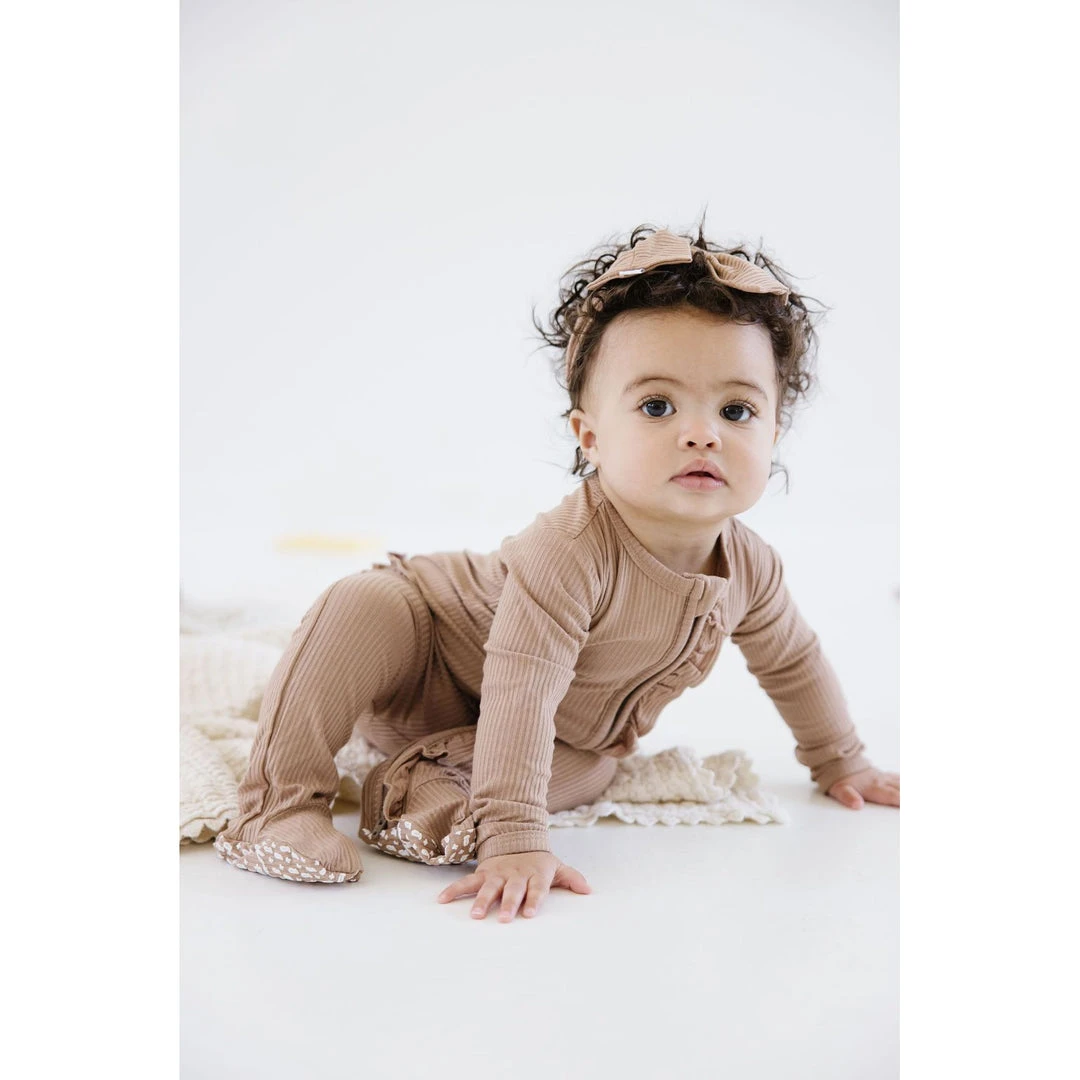 Joss + J Sleepers Tan Ribbed Bamboo Ruffle Zip Sleeper 6 Joss + J Sleepers Tan Ribbed Bamboo Ruffle Zip Sleeper