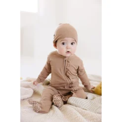 Joss + J Sleepers Tan Ribbed Bamboo Ruffle Zip Sleeper 10 Joss + J Sleepers Tan Ribbed Bamboo Ruffle Zip Sleeper