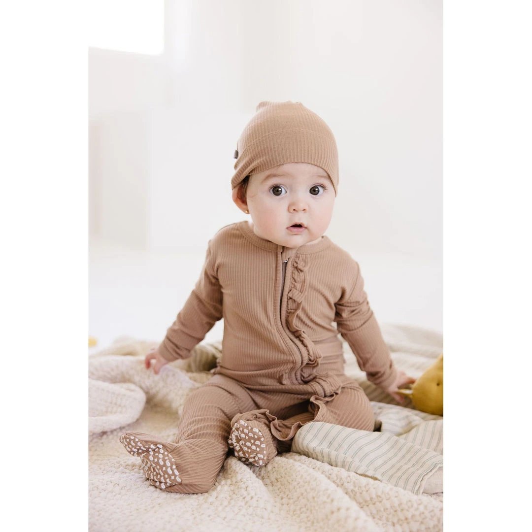 Joss + J Sleepers Tan Ribbed Bamboo Ruffle Zip Sleeper 5 Joss + J Sleepers Tan Ribbed Bamboo Ruffle Zip Sleeper