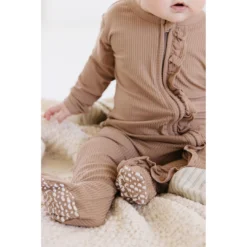 Joss + J Sleepers Tan Ribbed Bamboo Ruffle Zip Sleeper 13 Joss + J Sleepers Tan Ribbed Bamboo Ruffle Zip Sleeper