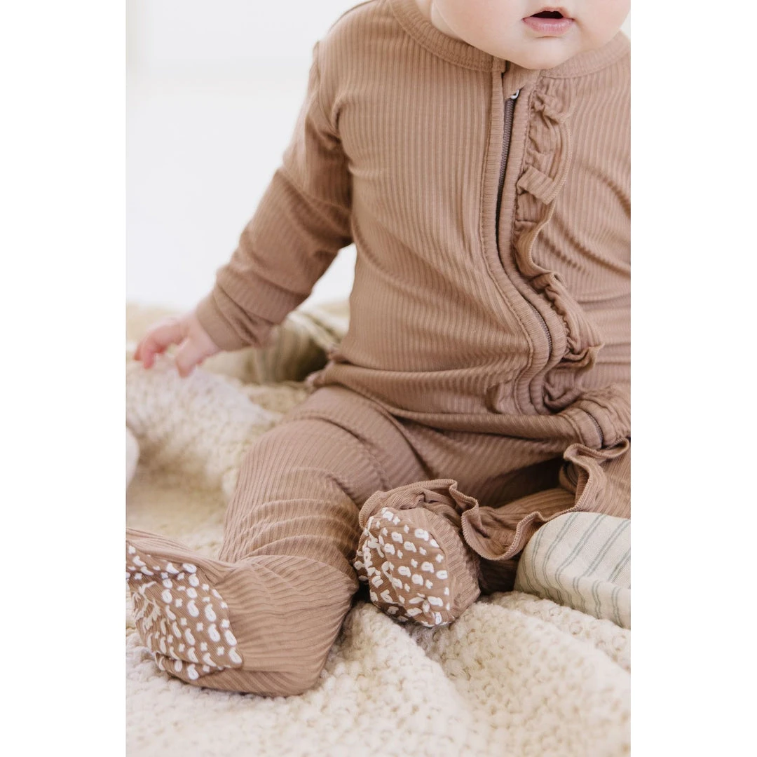 Joss + J Sleepers Tan Ribbed Bamboo Ruffle Zip Sleeper 8 Joss + J Sleepers Tan Ribbed Bamboo Ruffle Zip Sleeper