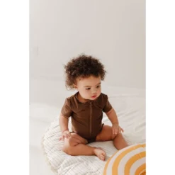 Joss + J Coco Brown Short Sleeve Zip Ruffle Swim Suit