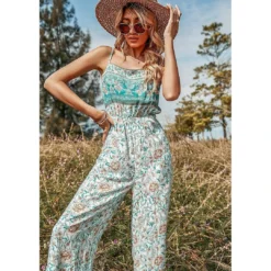 J+j Green Floral Boho Jumpsuit