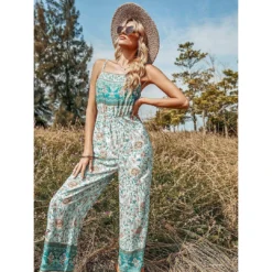 J+j Green Floral Boho Jumpsuit