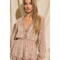 J+j Beige Floral V Neck Ruffle Long Sleeve Dress