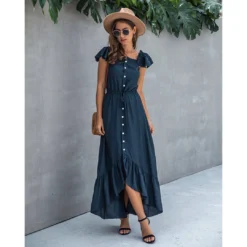 J+j Dresses Navy Off Shoulder Button Down Dress