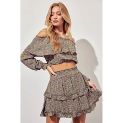 J+j Tops Olive Off Shoulder Ruffle Sleeve Top