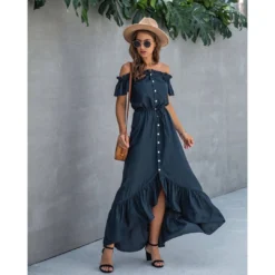 J+j Dresses Navy Off Shoulder Button Down Dress 10 J+j Dresses Navy Off Shoulder Button Down Dress