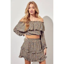 J+j Tops Olive Off Shoulder Ruffle Sleeve Top