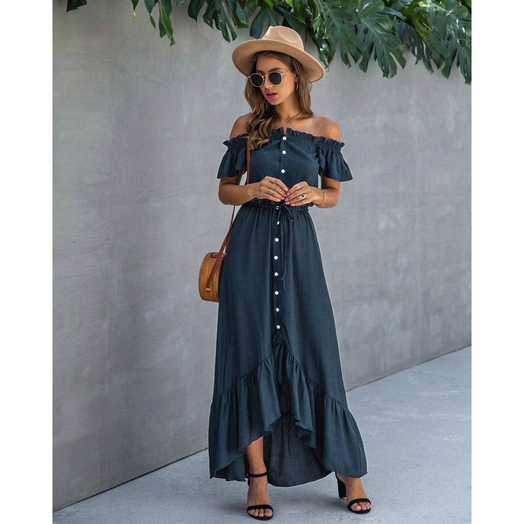 J+j Dresses Navy Off Shoulder Button Down Dress 6 J+j Dresses Navy Off Shoulder Button Down Dress